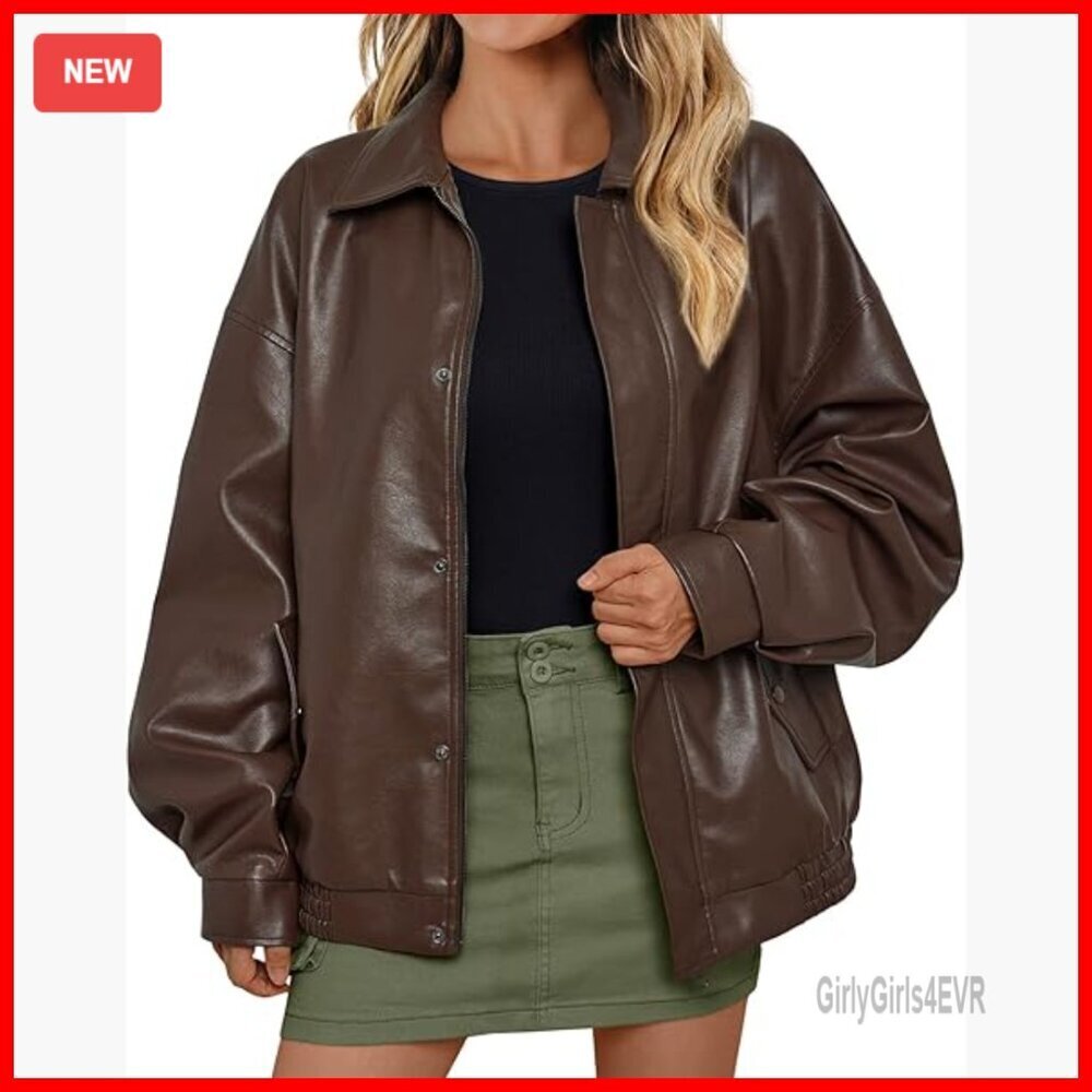 Oversized Faux Leather Motorcycle Jacket Zip Up Blazer Coats